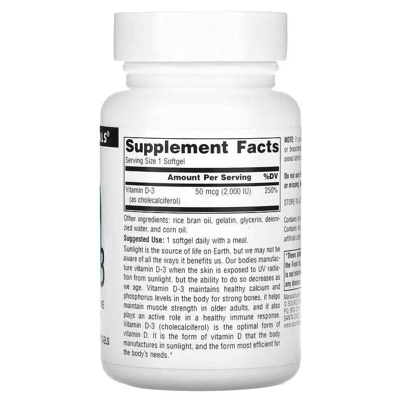Source Naturals Vitamin D-3 50 mcg (2.000 IU) 200 Softgels 2 Thành phần vi chất của Source Naturals Vitamin D-3 50 mcg (2.000 IU) 200 Softgels 021078022374
