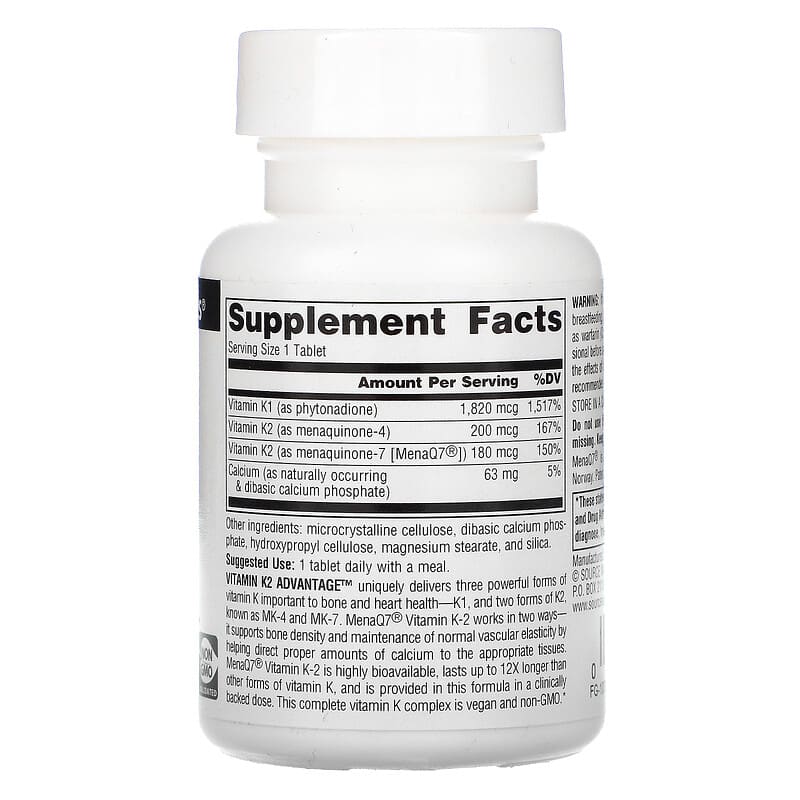 Source Naturals Vitamin K2 Advantage 2.200 mcg 60 Tablets 2 Thành phần vi chất của Source Naturals Vitamin K2 Advantage 2.200 mcg 60 Tablets 021078027102