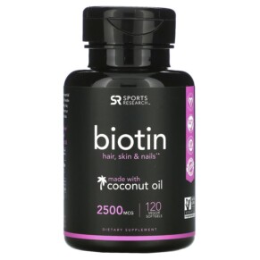 Thực phẩm chức năng Sports Research Biotin with Coconut Oil 2.500 mcg 120 Veggie Softgels 023249011798