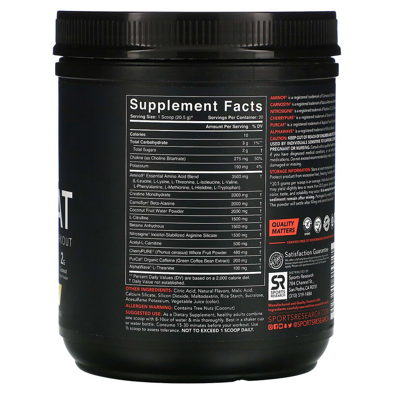 Sports Research Pre-Sweat Advanced Pre-Workout Watermelon Yuzu 14.46 oz (410 g) 2 Thành phần vi chất của Sports Research Pre-Sweat Advanced Pre-Workout Watermelon Yuzu 14.46 oz (410 g) 023249013082