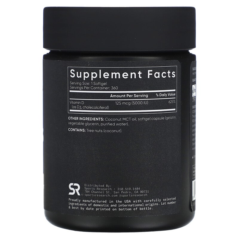 Sports Research Vitamin D3 Extra Strength 125 mcg (5.000 IU) 360 Softgels 2 Thành phần vi chất của Sports Research Vitamin D3 Extra Strength 125 mcg (5.000 IU) 360 Softgels 023249004363