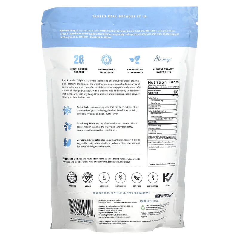 Sprout Living Epic Protein Organic Plant Protein + Superfoods Original 1 lb (456 g) 2 Thành phần vi chất của Sprout Living Epic Protein Organic Plant Protein + Superfoods Original 1 lb (456 g) 852457007008