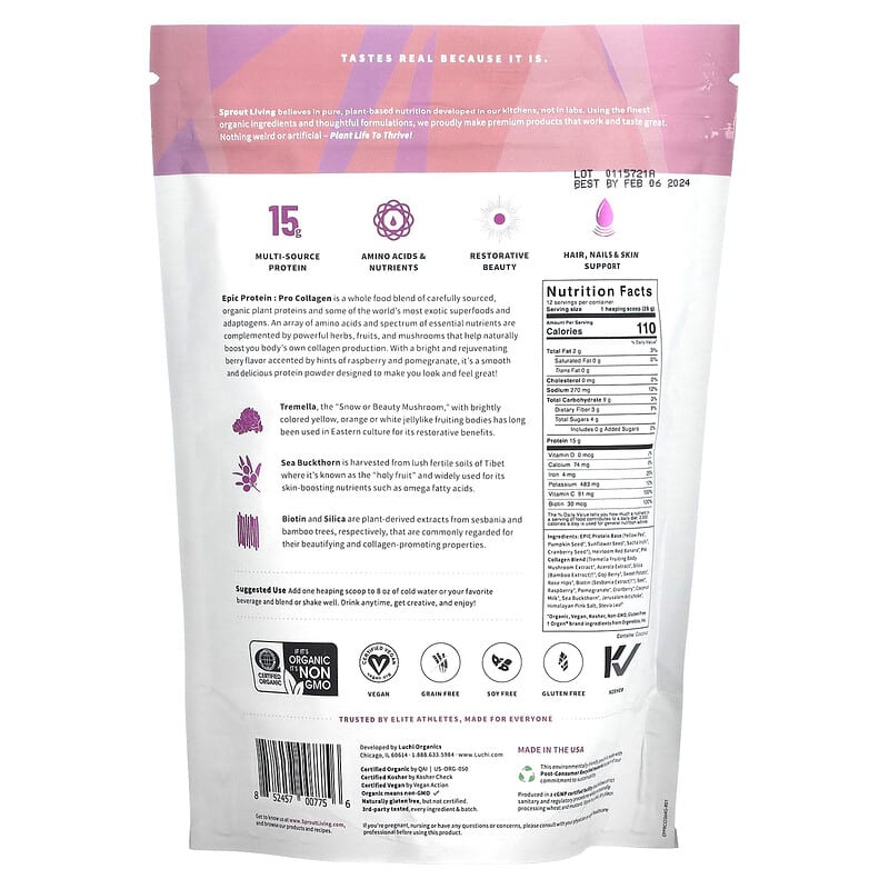 Sprout Living Epic Protein Organic Plant Protein + Superfoods Pro Collagen 0.7 lb (336 g) 2 Thành phần vi chất của Sprout Living Epic Protein Organic Plant Protein + Superfoods Pro Collagen 0.7 lb (336 g) 852457007756