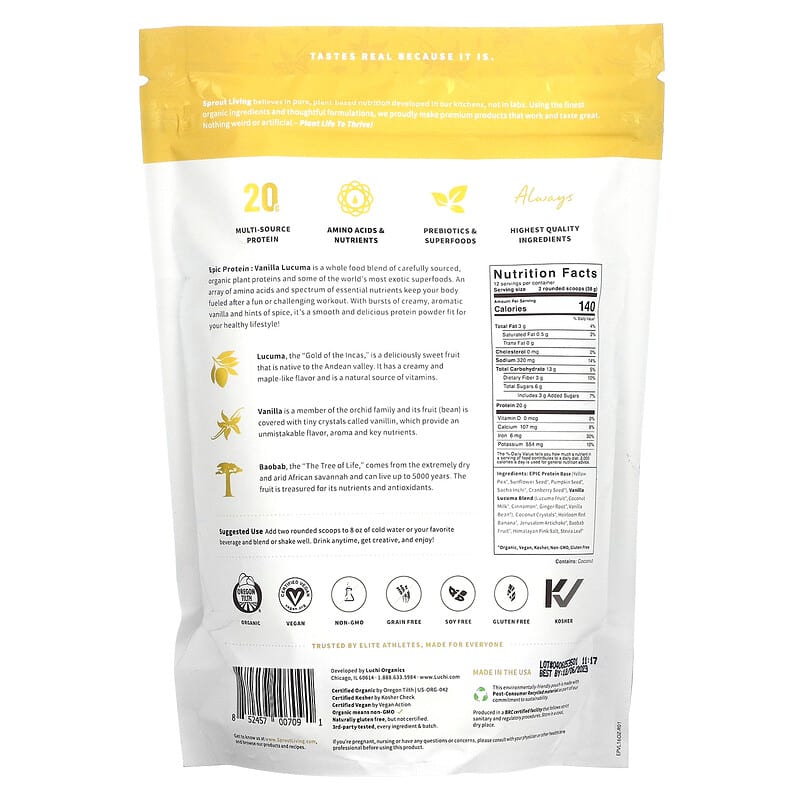 Sprout Living Epic Protein Organic Plant Protein + Superfoods Vanilla Lucuma 1 lb (456 g) 2 Thành phần vi chất của Sprout Living Epic Protein Organic Plant Protein + Superfoods Vanilla Lucuma 1 lb (456 g) 852457007091