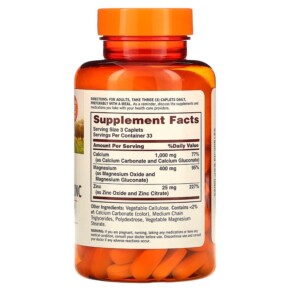 Thành phần vi chất của Sundown Naturals Calcium Magnesium & Zinc 100 Caplets 030768003258