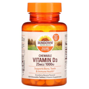 Thực phẩm chức năng Sundown Naturals Chewable Vitamin D3 Strawberry-Banana 25 mg (1.000 IU) 120 ChewableTablets 030768503567