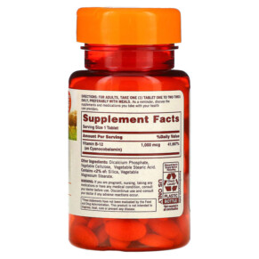 Thành phần vi chất của Sundown Naturals Time Release Vitamin B12 1.000 mcg 120 Tablets 030768035457