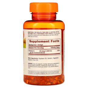 Thành phần vi chất của Sundown Naturals Vitamin D3 25 mcg (1.000 IU) 400 Softgels 030768199951