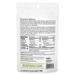 Thành phần vi chất của Sunfood Broken Cell Wall Chlorella Tablets 250 mg 228 Tablets 2 oz (57 g) 803813010620