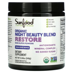 Thực phẩm chức năng Sunfood Organic Night Beauty Blend Restore Maqui Berry Mango 8.46 oz (240 g) 803813102967