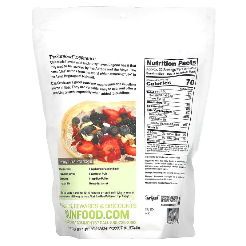 Sunfood Raw Organic Chia Seeds 1 lb (454 g) 2 Thành phần vi chất của Sunfood Raw Organic Chia Seeds 1 lb (454 g) 803813100215