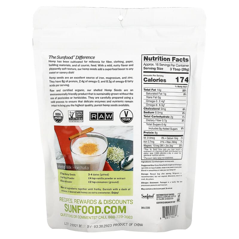 Sunfood Raw Organic Hemp Seeds 1 lb (454 g) 2 Thành phần vi chất của Sunfood Raw Organic Hemp Seeds 1 lb (454 g) 803813100239