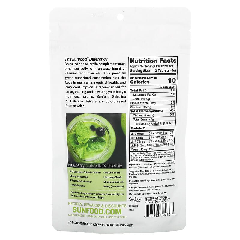 Sunfood Super Algae Tablets Spirulina & Chlorella 250 mg 456 Tablets 2 Thành phần vi chất của Sunfood Super Algae Tablets Spirulina & Chlorella 250 mg 456 Tablets 803813100765