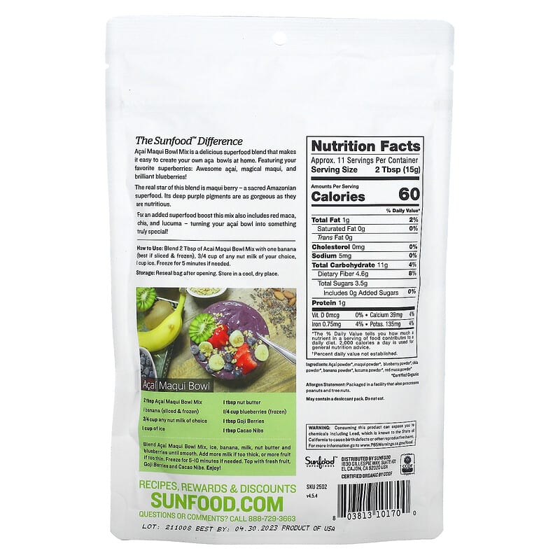 Sunfood Superfoods Organic Acai Maqui Bowl Mix 6 oz (170 g) 2 Thành phần vi chất của Sunfood Superfoods Organic Acai Maqui Bowl Mix 6 oz (170 g) 803813101700