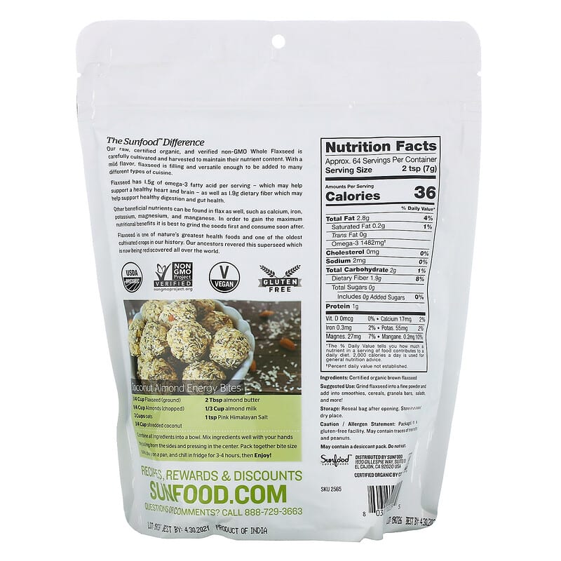 Sunfood Superfoods Raw Organic Whole Flaxseed 1 lb (453.5 g) 2 Thành phần vi chất của Sunfood Superfoods Raw Organic Whole Flaxseed 1 lb (453.5 g) 803813102295