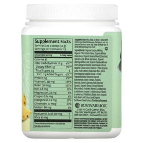 Thành phần vi chất của Sunwarrior Beauty Greens Collagen Booster Pina Colada 10.6 oz (300 g) 814784027524