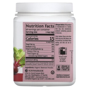 Thành phần vi chất của Sunwarrior Beetroot Powder 12.69 oz (360 g) 814784029870