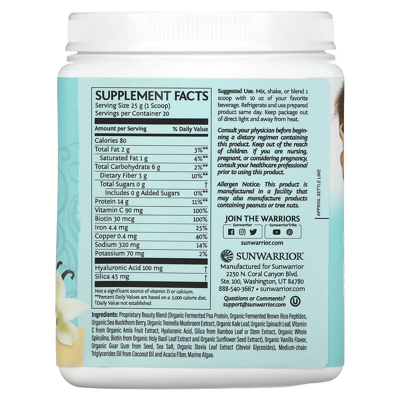 Sunwarrior Collagen Building Protein Peptides Tahitian Vanilla 1.1 lb (500 g) 2 Thành phần vi chất của Sunwarrior Collagen Building Protein Peptides Tahitian Vanilla 1.1 lb (500 g) 814784026527