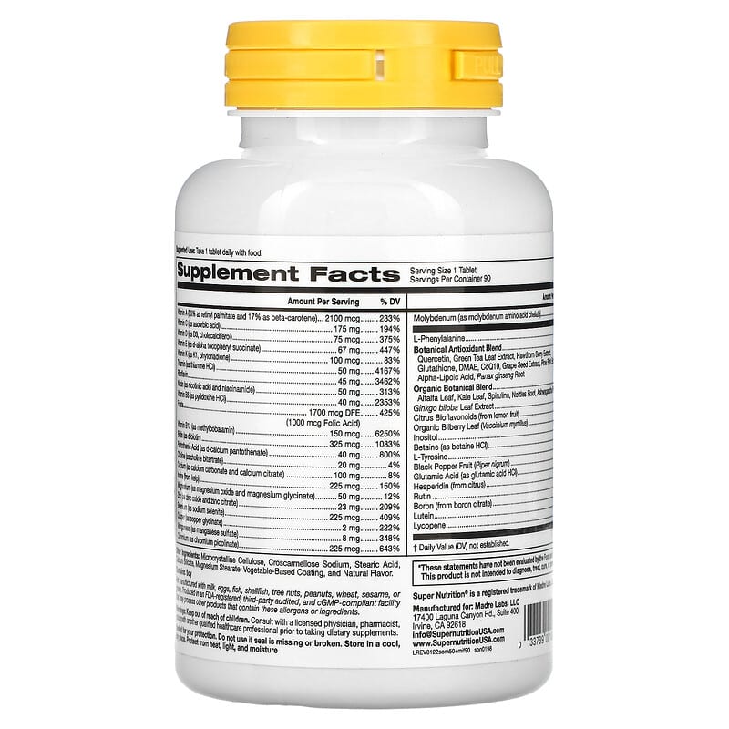 Super Nutrition SimplyOne Men's 50+ Multivitamin with Supporting Herbs Iron Free 90 Tablets 2 Thành phần vi chất của Super Nutrition SimplyOne Men's 50+ Multivitamin with Supporting Herbs Iron Free 90 Tablets 033739001987