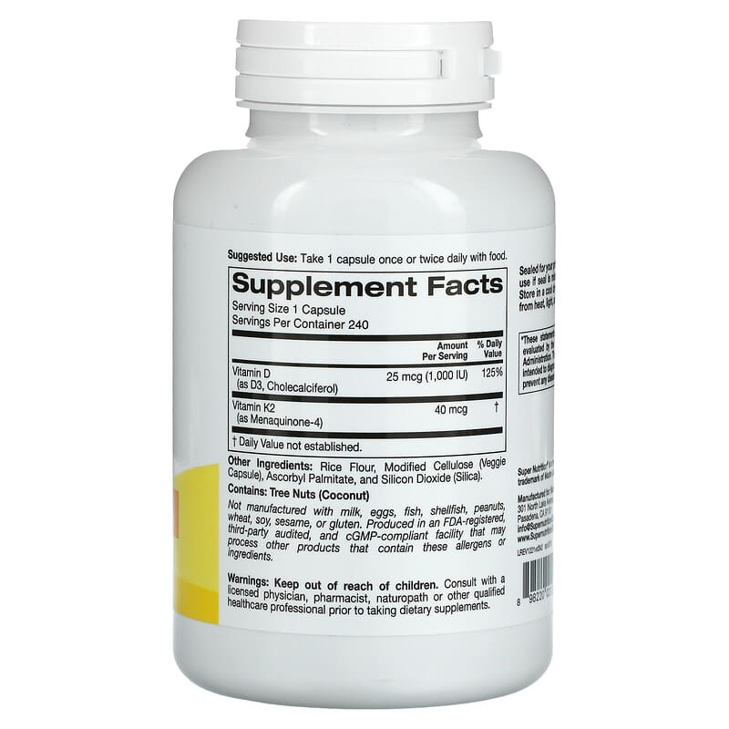 Super Nutrition Vitamin D3 + K2 240 Veggie Capsules 2 Thành phần vi chất của Super Nutrition Vitamin D3 + K2 240 Veggie Capsules 898220021246
