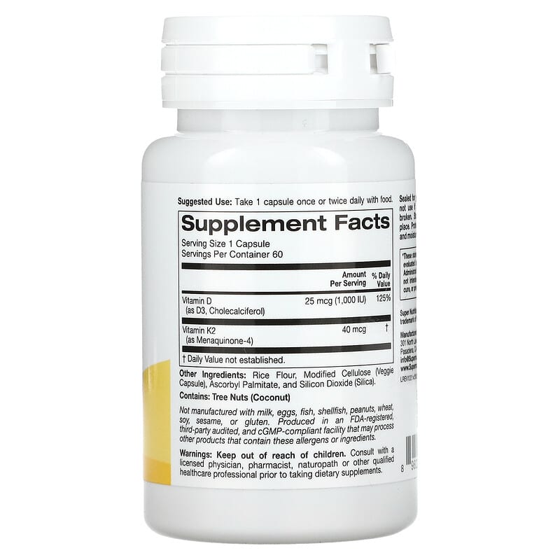 Super Nutrition Vitamin D3 + K2 60 Veggie Capsules 2 Thành phần vi chất của Super Nutrition Vitamin D3 + K2 60 Veggie Capsules 898220021239