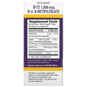 Thành phần vi chất của Superior Source Activated B-12 Methylcobalamin B-6 (P-5-P) & Methylfolate 60 MicroLingual Instant Dissolve Tablets 076635904709