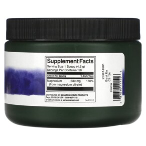 Thành phần vi chất của Swanson 100% Pure Magnesium Citrate Powder Unflavored 630 mg 8.6 oz (244 g) 087614117546