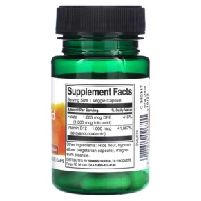 Thành phần vi chất của Swanson Folic Acid & B12 30 Veggie Caps 087614026701