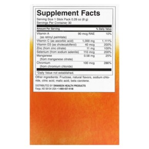 Thành phần vi chất của Swanson Immunity Assist with C plus Vitamin D & Zinc Natural Citrus 30 Stick Packs 0.28 oz (8 g) each 087614118024