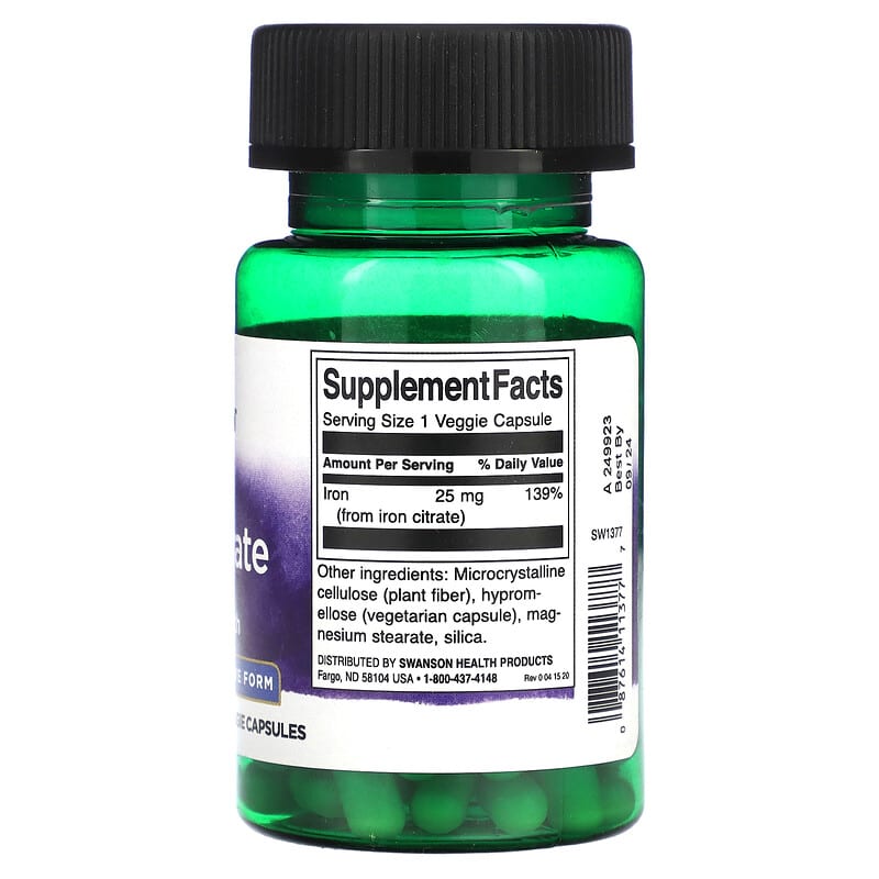 Swanson Iron Citrate Active Form 25 mg 60 Veggie Capsules 2 Thành phần vi chất của Swanson Iron Citrate Active Form 25 mg 60 Veggie Capsules 087614113777