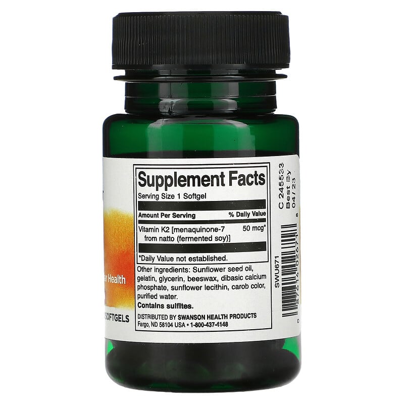 Swanson Natural Vitamin K2 50 mcg 30 Softgels 2 Thành phần vi chất của Swanson Natural Vitamin K2 50 mcg 30 Softgels 087614026718