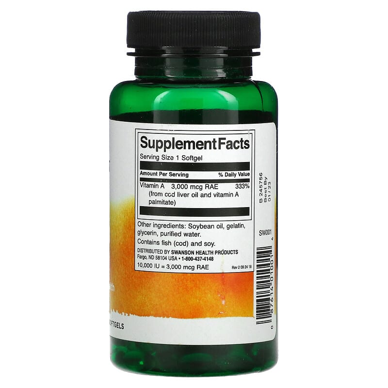 Swanson Vitamin A 10.000 IU 250 Softgels 2 Thành phần vi chất của Swanson Vitamin A 10.000 IU 250 Softgels 087614010014