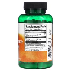 Thành phần vi chất của Swanson Zinc Gluconate & L-Lysine 90 Veggie Capsules 087614118635