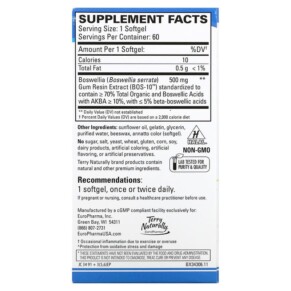 Thành phần vi chất của Terry Naturally BosMed 500 Extra Strength Advanced Boswellia 60 Softgels 367703343064