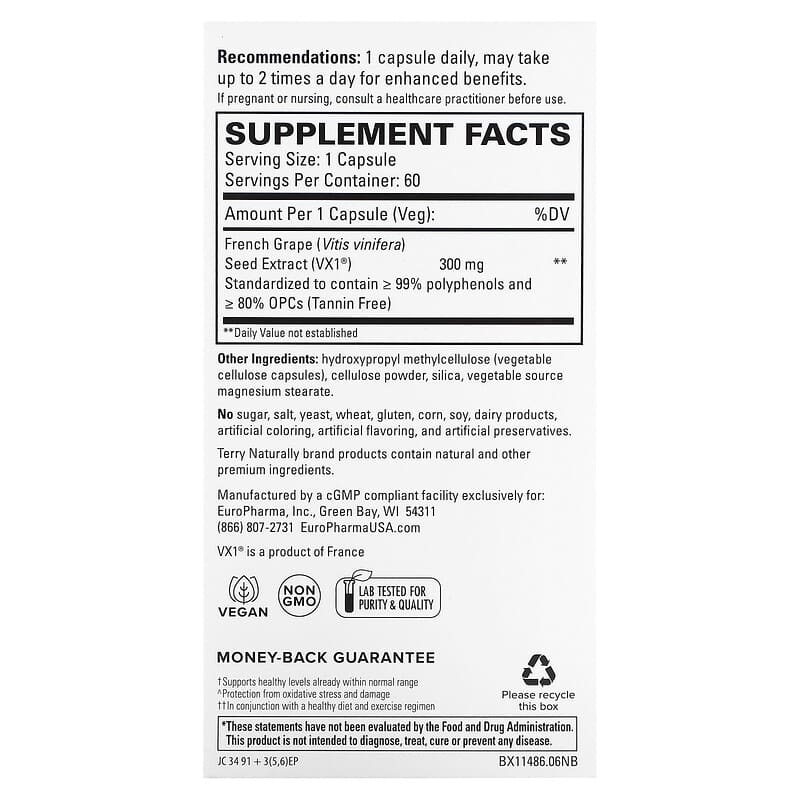 Terry Naturally Clinical OPC 300 mg 60 Capsules 2 Thành phần vi chất của Terry Naturally Clinical OPC 300 mg 60 Capsules 367703114862