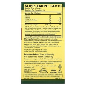 Thành phần vi chất của Terry Naturally Curamin Extra Strength Pain Relief 60 Tablets 367703112066