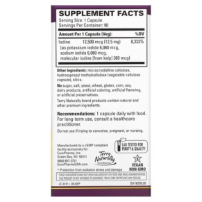 Thành phần vi chất của Terry Naturally Tri-Iodine 12.5 mg 90 Capsules 367703182991