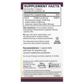 Thành phần vi chất của Terry Naturally Tri-Iodine 25 mg 60 Capsules 367703190064