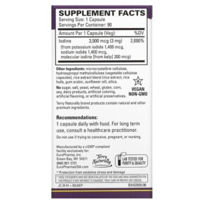 Thành phần vi chất của Terry Naturally Tri-Iodine 3 mg 90 Capsules 367703420093