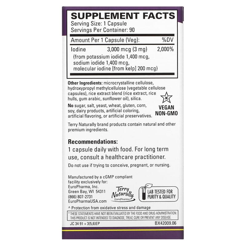 Terry Naturally Tri-Iodine 3 mg 90 Capsules 2 Thành phần vi chất của Terry Naturally Tri-Iodine 3 mg 90 Capsules 367703420093