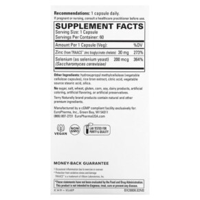 Thành phần vi chất của Terry Naturally Zinc Plus Selenium 60 Capsules 367703288068