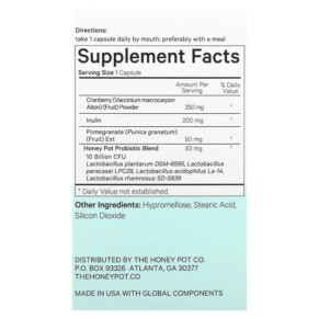 Thành phần vi chất của The Honey Pot Company Vaginal Care Probiotic With Urinary Tract Support 30 Capsules 850021589295