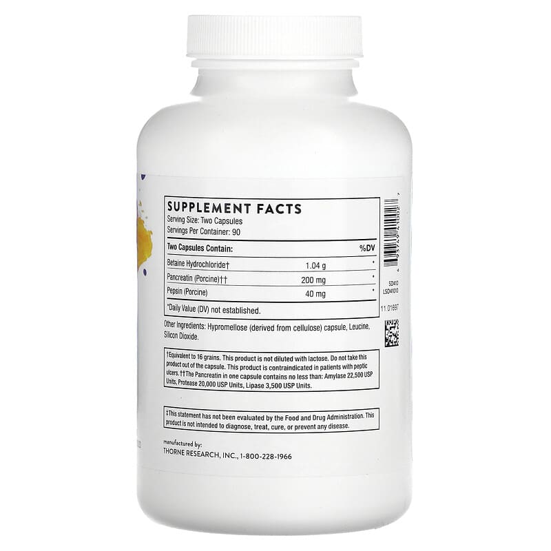 Thorne B.P.P. (Betaine/Pepsin/Pancreatin) Digestive Enzymes 180 Capsules 2 Thành phần vi chất của Thorne B.P.P. (Betaine/Pepsin/Pancreatin) Digestive Enzymes 180 Capsules 693749410027