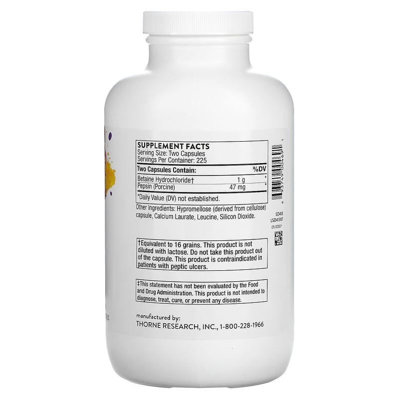 Thorne Betaine HCL & Pepsin 450 Capsules 2 Thành phần vi chất của Thorne Betaine HCL & Pepsin 450 Capsules 693749004691
