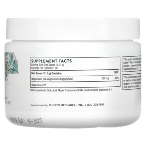 Thành phần vi chất của Thorne Magnesium Bisglycinate 6.5 oz (187 g) 693749006442