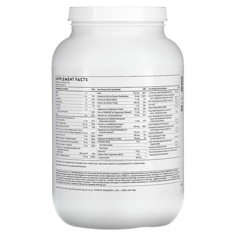 Thorne MediClear-SGS Chocolate 38.2 oz (1.082 g) 2 Thành phần vi chất của Thorne MediClear-SGS Chocolate 38.2 oz (1.082 g) 693749012559