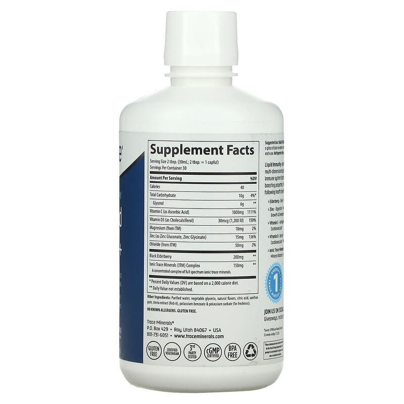 Trace Minerals ® Fast-Absorbing Liquid Immunity+ Mixed Berry 30 fl oz (887 ml) 2 Thành phần vi chất của Trace Minerals ® Fast-Absorbing Liquid Immunity+ Mixed Berry 30 fl oz (887 ml) 878941005923