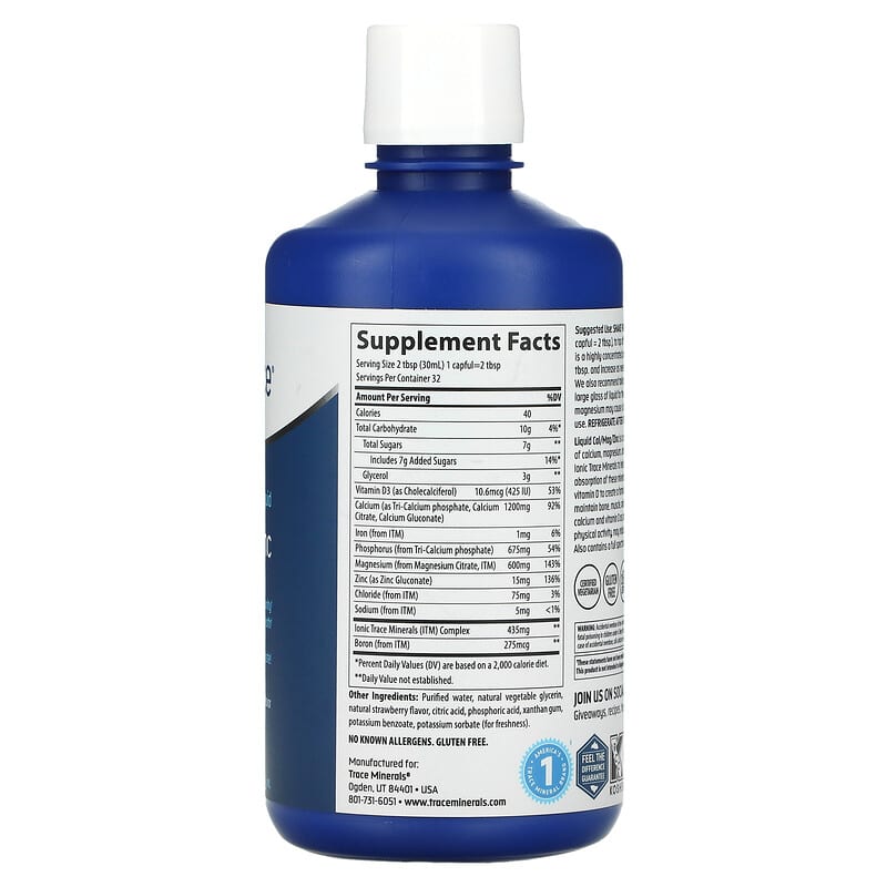Trace Minerals ® Liquid Cal/Mag/Zinc Natural Strawberry 32 fl oz (946 ml) 2 Thành phần vi chất của Trace Minerals ® Liquid Cal/Mag/Zinc Natural Strawberry 32 fl oz (946 ml) 878941002304