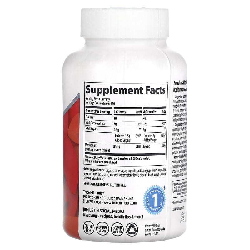 Trace Minerals ® Magnesium Gummies Watermelon 120 Gummies 2 Thành phần vi chất của Trace Minerals ® Magnesium Gummies Watermelon 120 Gummies 878941004889