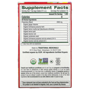 Thành phần vi chất của Traditional Medicinals Organic Immune Zoom Lemon Ginger Caffeine Free 16 Wrapped Tea Bags 1.13 oz (32 g) 032917007841